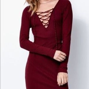 Kendall and Kylie Lace Up Maroon Long Sleeve Dress
